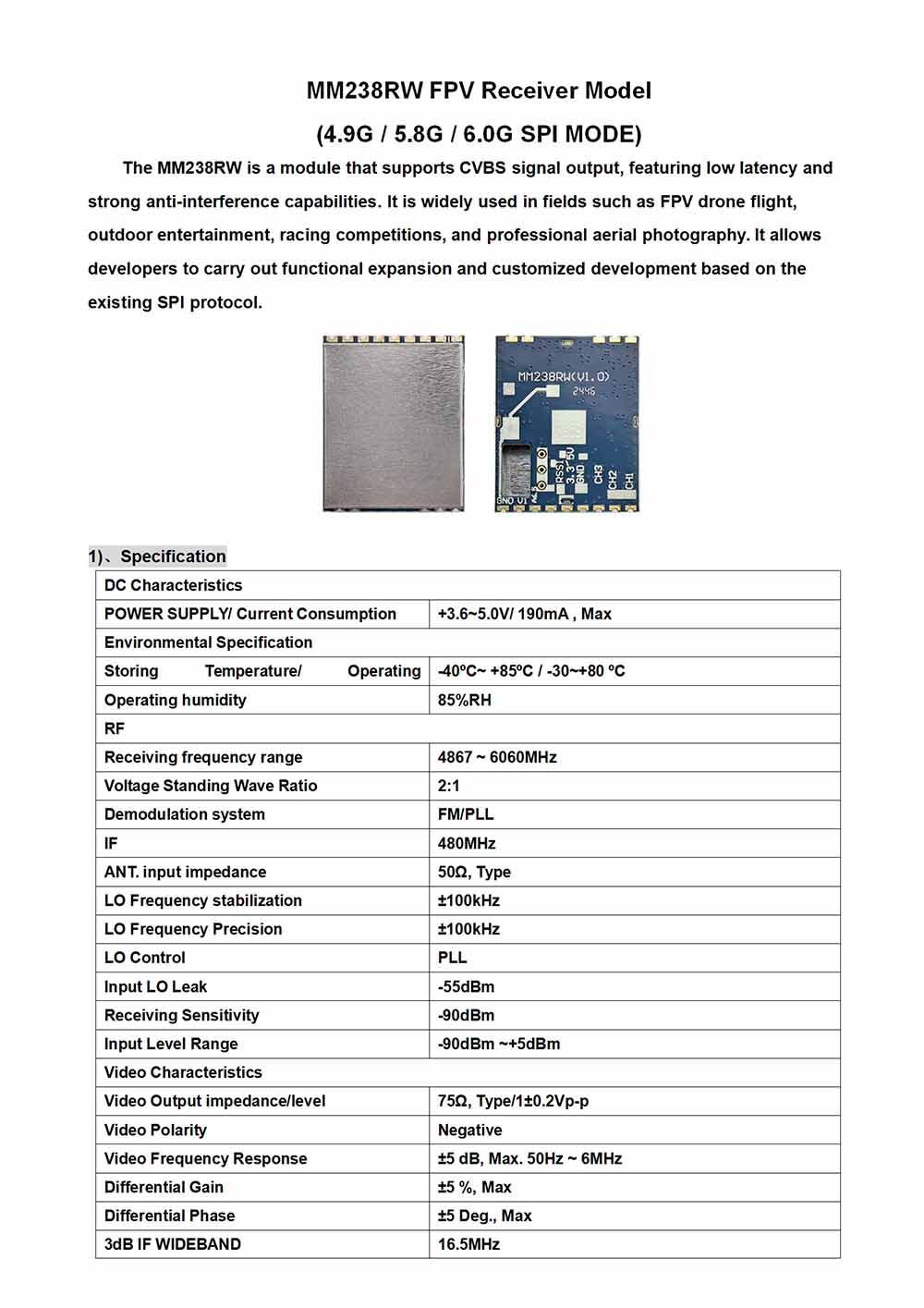analog video transmitter mm238rw 5.8g 4.9g 6.0g receiver vrx spi protocol fpv drones